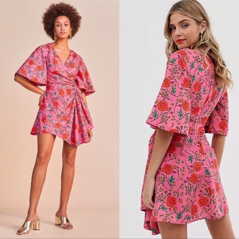 Finders Keepers Hana pink floral flower Short Sleeve Faux Wrap Mini Dress 4 NWOT